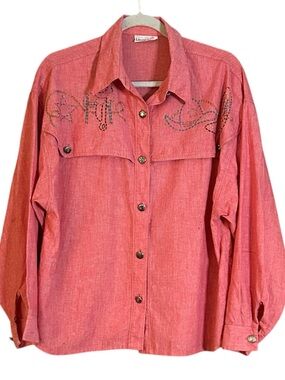 Vintage Laura Mae Western Shirt Beaded Embellished Salmon Red Color
